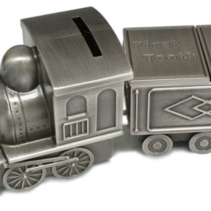 Train Money Box with First Tooth and First Curl Carriage - Pewter